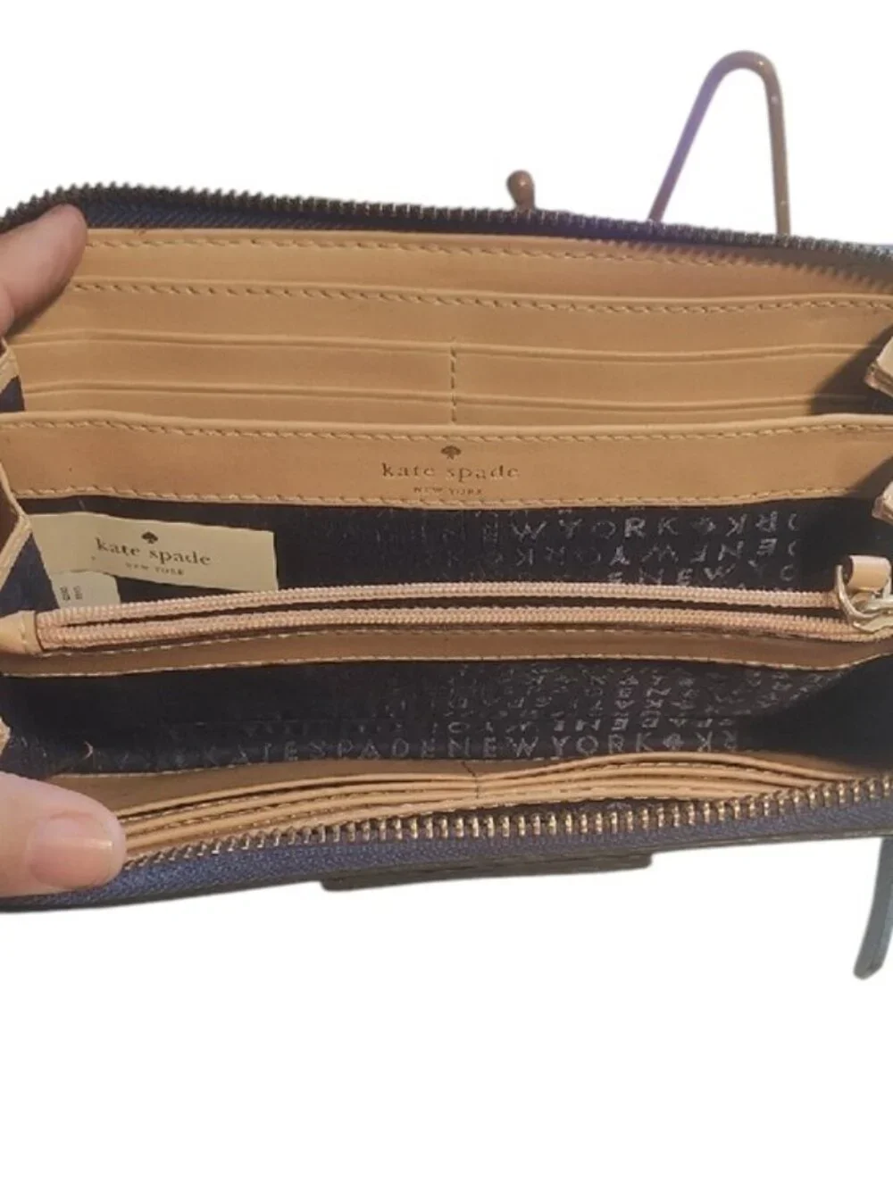 kate spade Blue Pebbled Leather Zip Wallet -callout on spine
